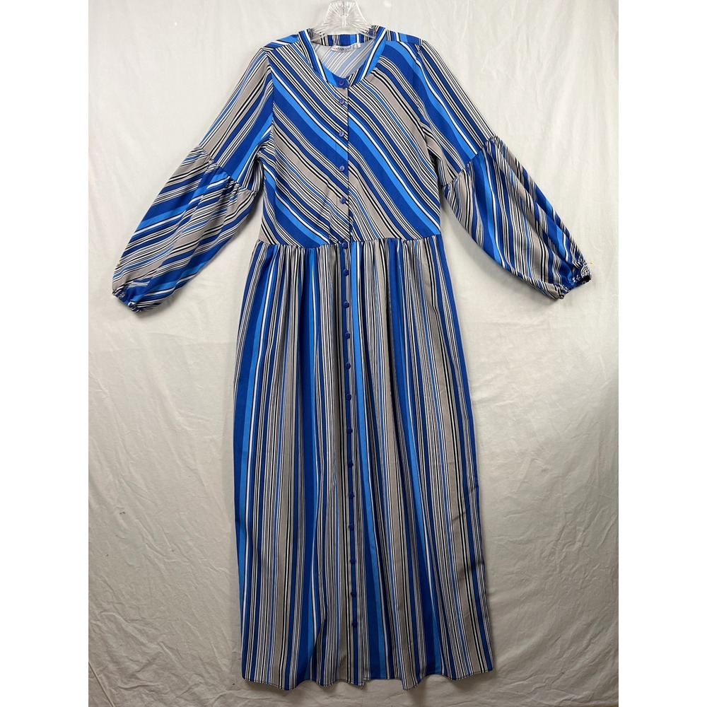 Benin Style Maxi Dress Womens 10 Blue Striped Balloon Sleeve Button Front Retro